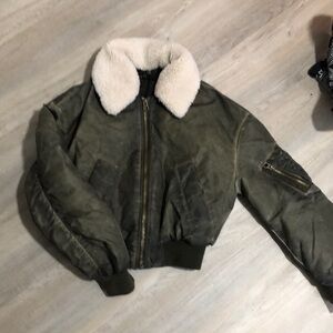 Olive Green Bomber Jacket with Cream Collar